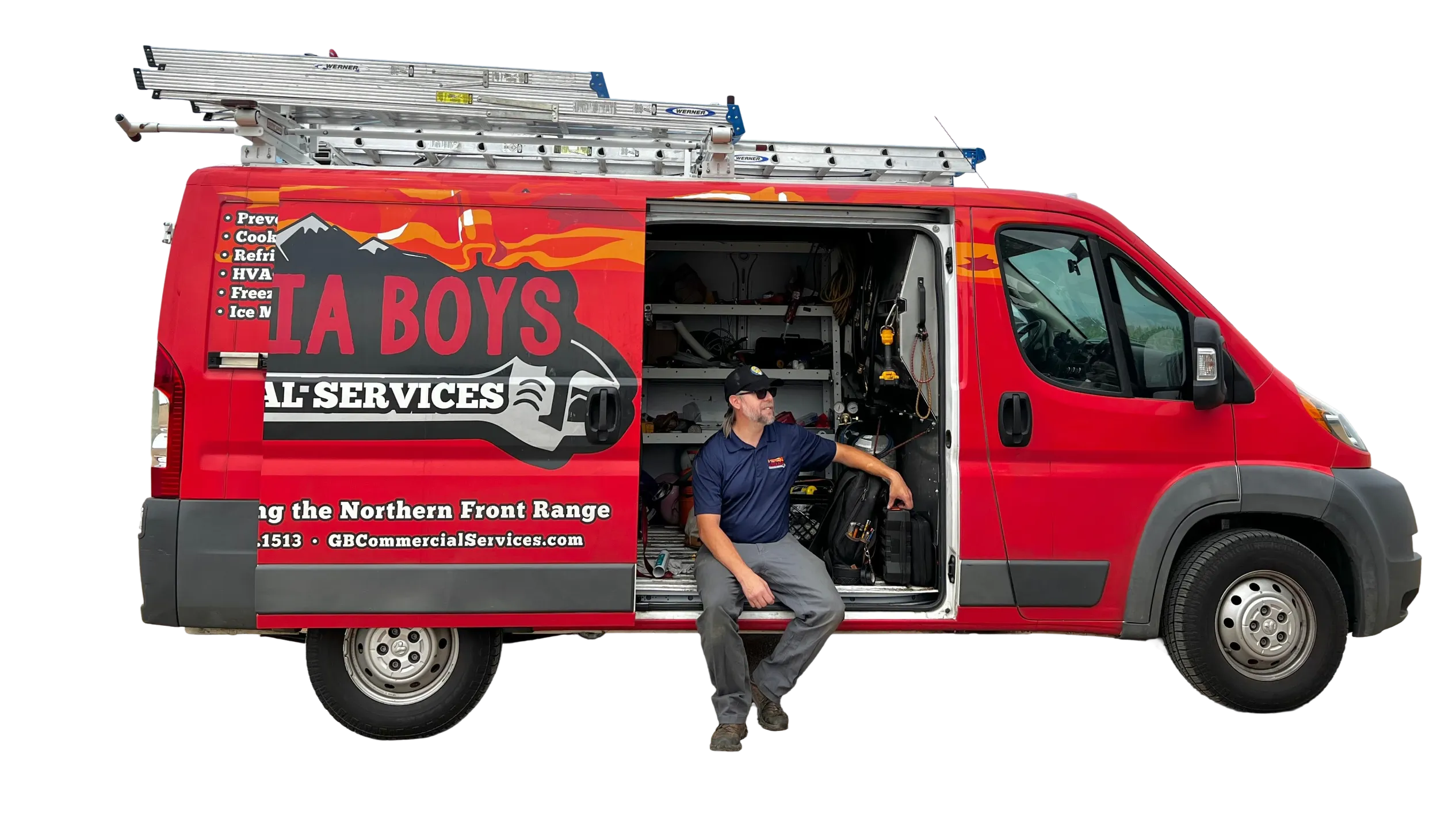 Louis Gartrell, Colorado Master Plumber, sitting in the Georgia Boys service van